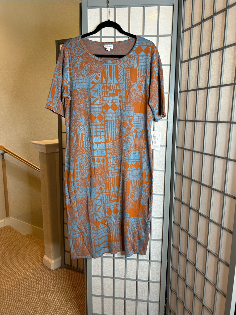 NWT LuLaRoe Blue & Rust Orange Geometric Julia Dress in Jacquard